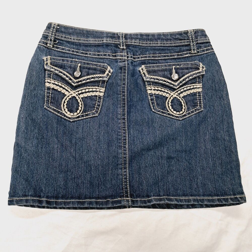 EARL JEANS Denim Embellished Dark Wash Mini Skirt Sz 4 Vtg Y2k Bratzcore Grunge